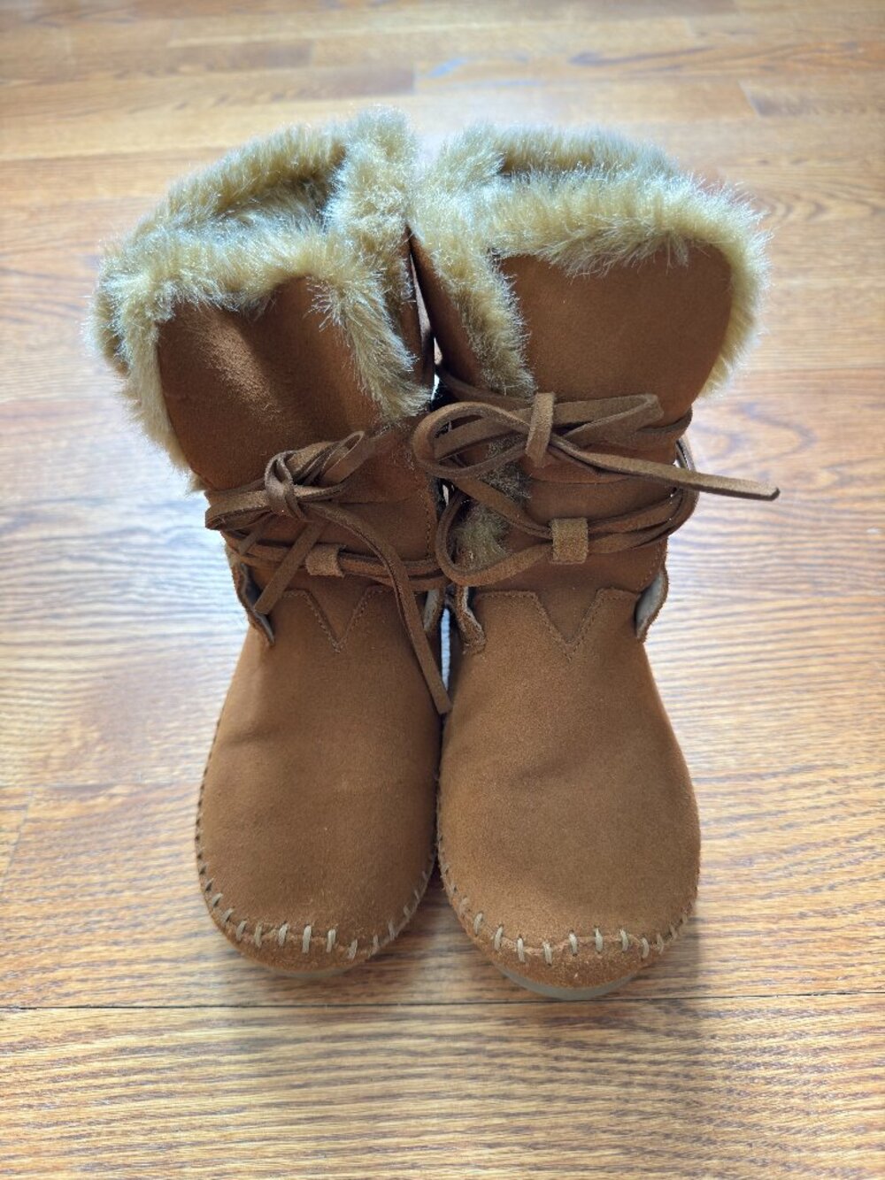 TOMS Zahara Suede Moccasin Booties Women 6.5 Brown Faux Fur Lace Up Boots